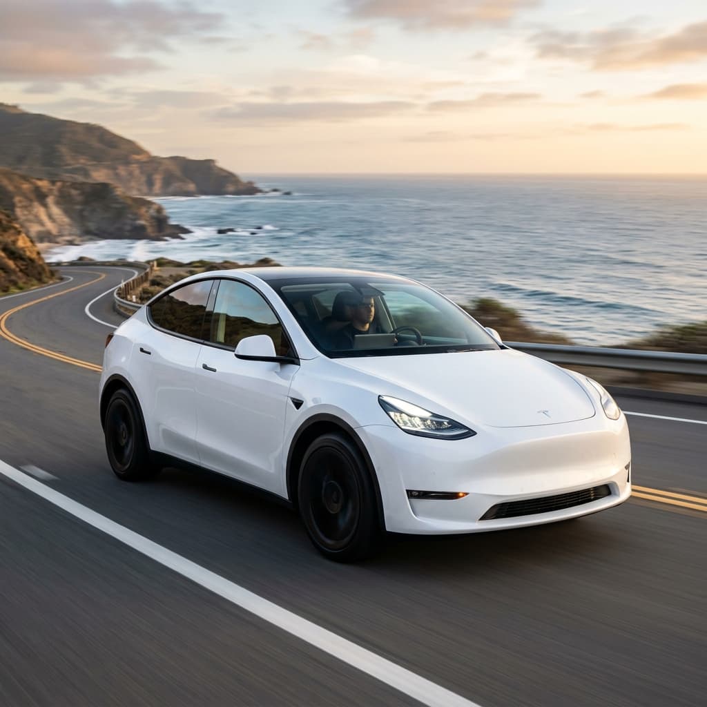 White Tesla Model Y driving on a scenic coastal road